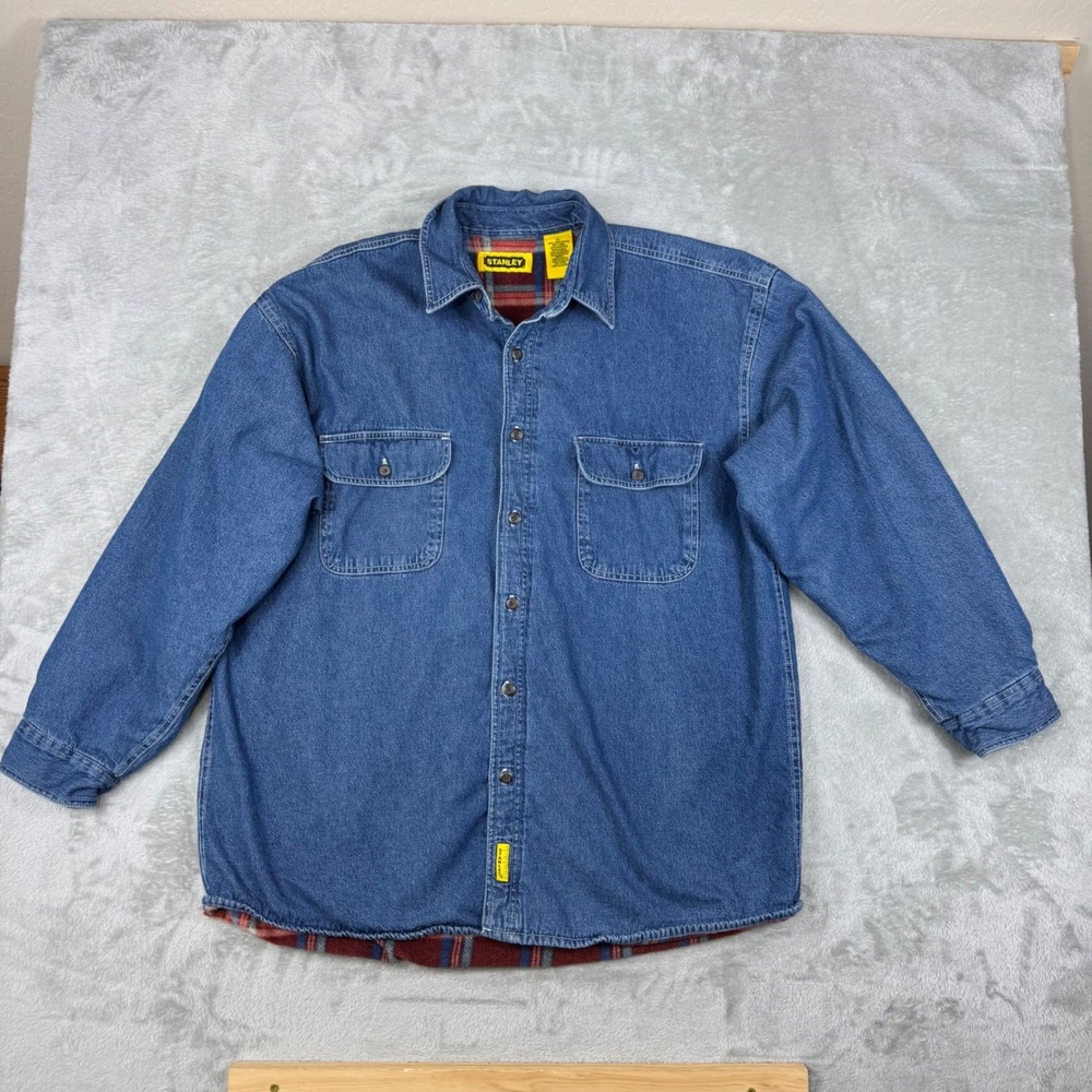 Stanley Denim Shirt Jacket XL Plaid Fleece Lined Button Front Workwear Coat